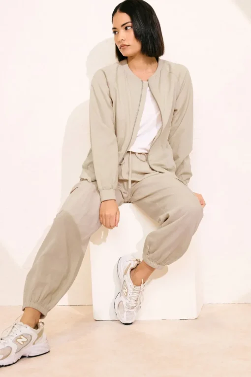 Pixiegirl Petite Stone Brown Linen Bomber Jacket