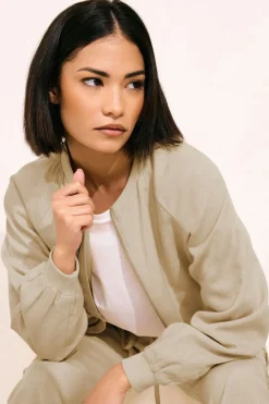 Pixiegirl Petite Stone Brown Linen Bomber Jacket