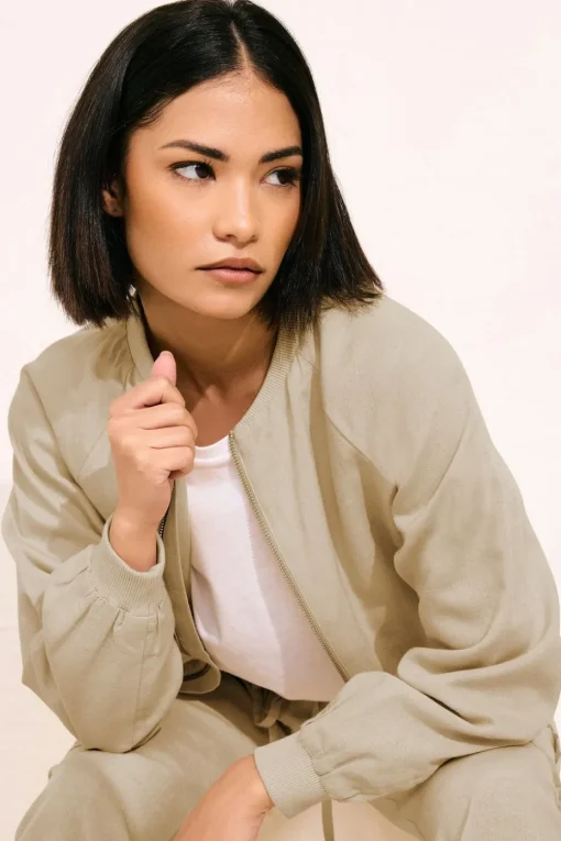 Pixiegirl Petite Stone Brown Linen Bomber Jacket