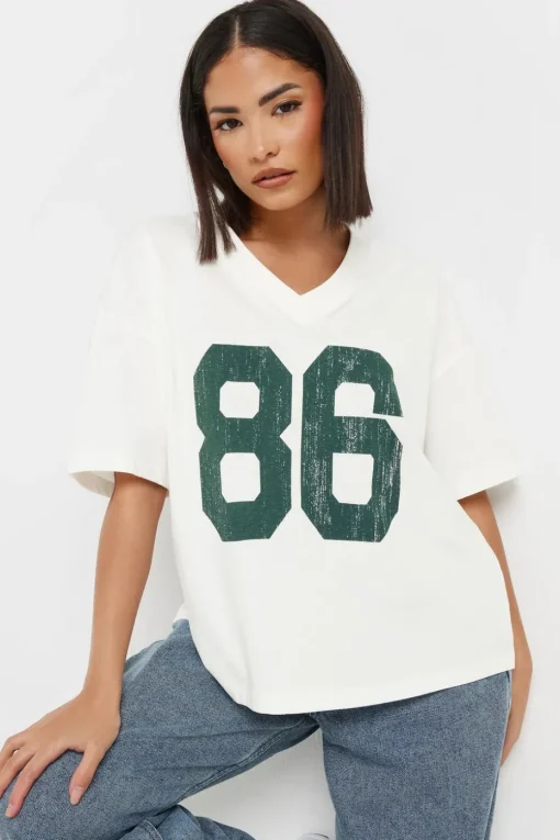 Pixiegirl Petite White Jersey Graphic Varsity T-Shirt