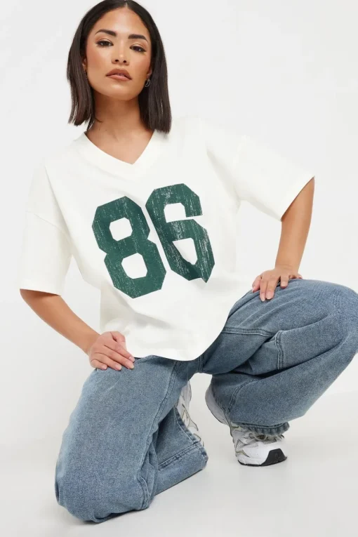 Pixiegirl Petite White Jersey Graphic Varsity T-Shirt