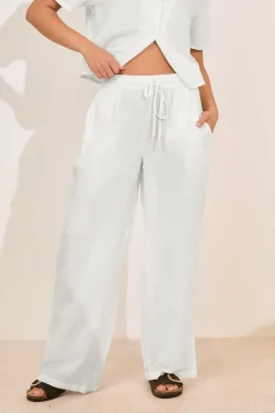 Pixiegirl Petite White Linen Drawstring Wide Leg Trousers