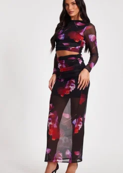 Quiz Black Floral Mesh Maxi Skirt