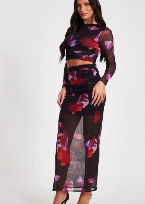 Quiz Black Floral Mesh Maxi Skirt