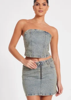Quiz Blue Denim Embellished Bandeau Top