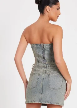 Quiz Blue Denim Embellished Bandeau Top