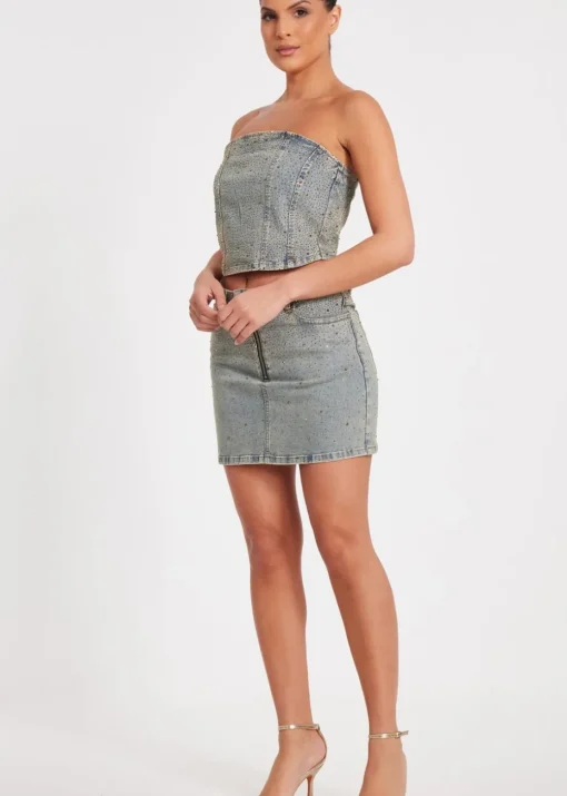 Quiz Blue Denim Embellished Bandeau Top