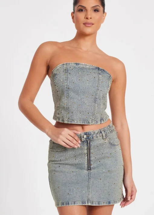 Quiz Blue Denim Embellished Bandeau Top