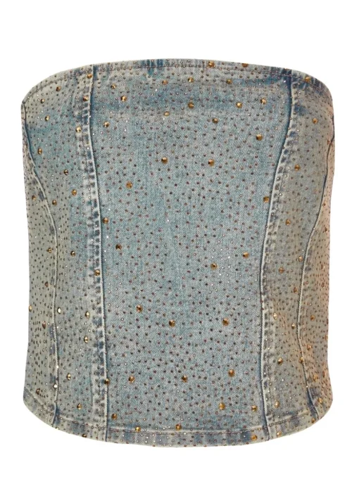Quiz Blue Denim Embellished Bandeau Top
