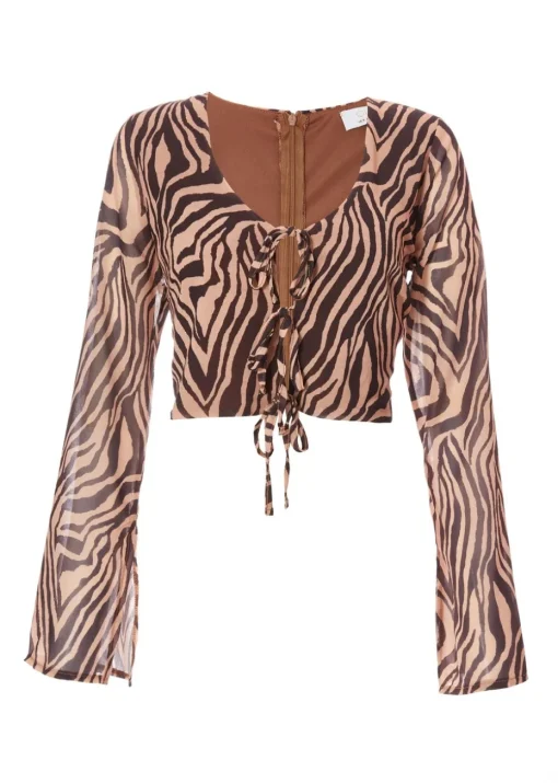 Quiz Brown Chiffon Tiger Print Top