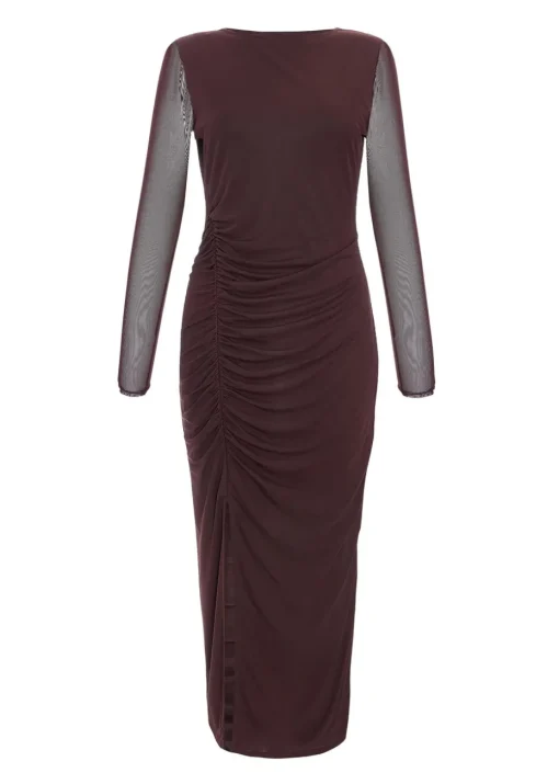 Quiz Brown Petite Mesh Long Sleeve Midaxi Dress