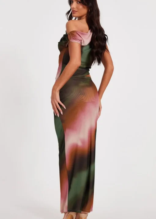 Quiz Green Mesh Ruched Maxi Skirt