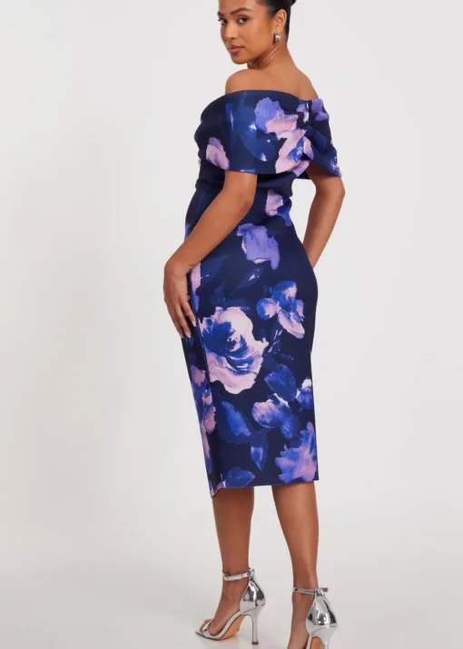 Quiz Navy Petite Floral Bardot Midi Dress