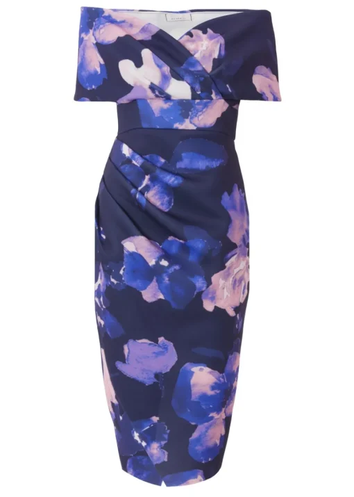 Quiz Navy Petite Floral Bardot Midi Dress