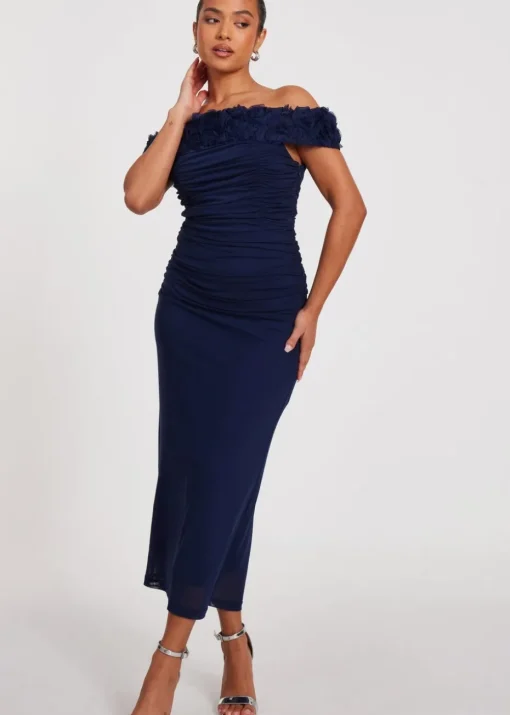 Quiz Navy Petite Mesh Bardot Midaxi Dress