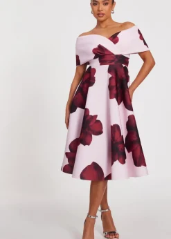 Quiz Pink Petite Bardot Floral Skater Dress
