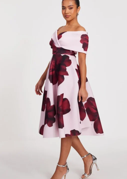 Quiz Pink Petite Bardot Floral Skater Dress