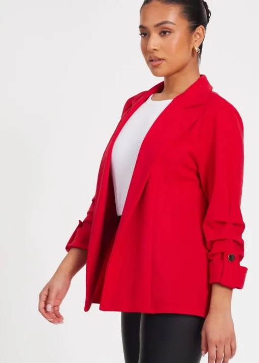 Quiz Red Petite Ruched Sleeve Blazer