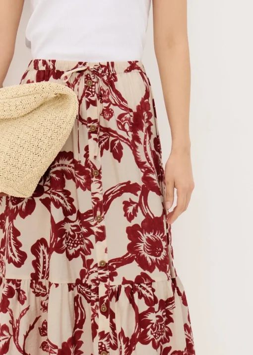 Raspberry Floral Button Tiered Midaxi Skirt