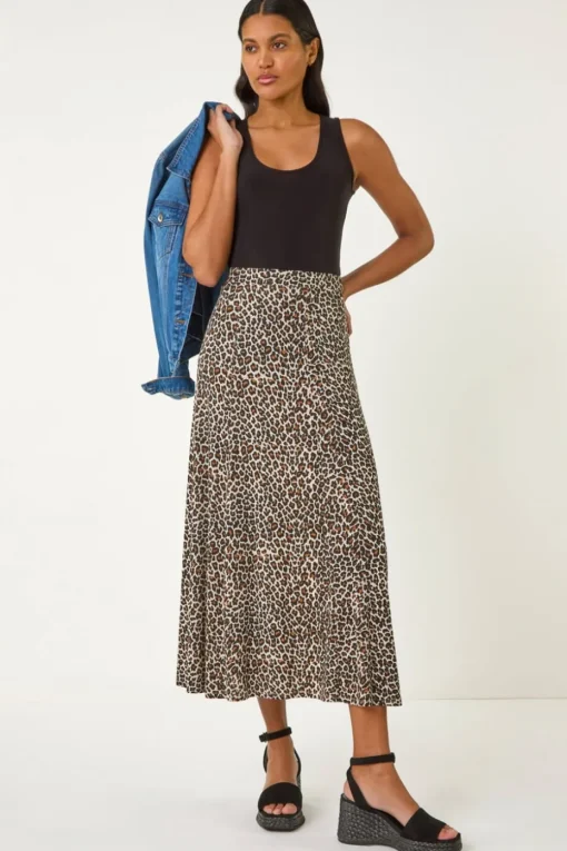 Roman Beige Animal Print Stretch Pencil Skirt