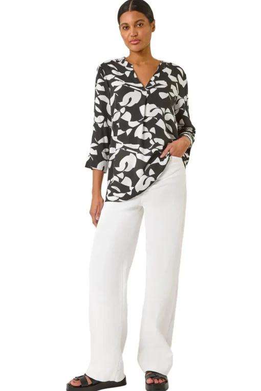 Roman Black Abstract Mono Pleat Detail Top