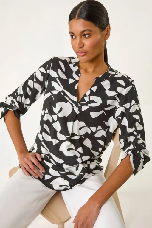Roman Black Abstract Mono Pleat Detail Top
