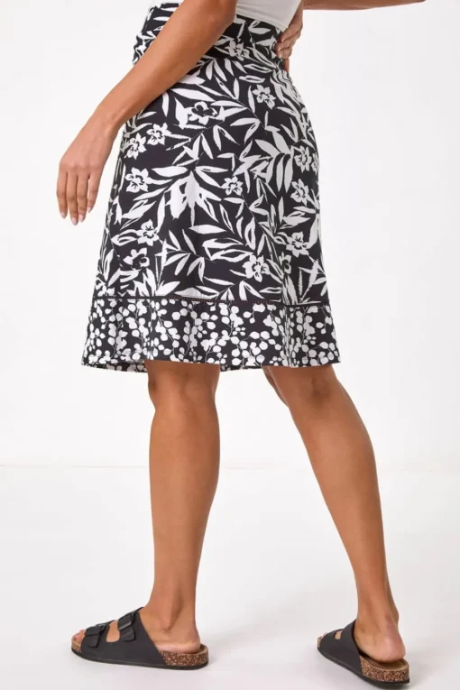 Roman Black A-Line Palm Mono Print Skirt