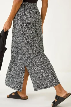 Roman Black Animal Print Split Stretch Skirt