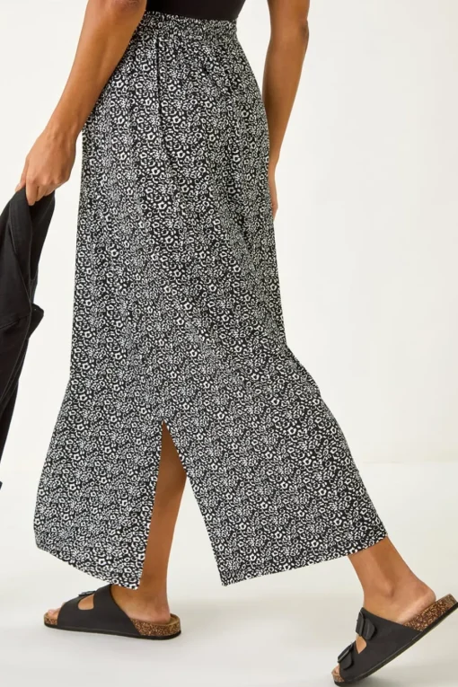 Roman Black Animal Print Split Stretch Skirt