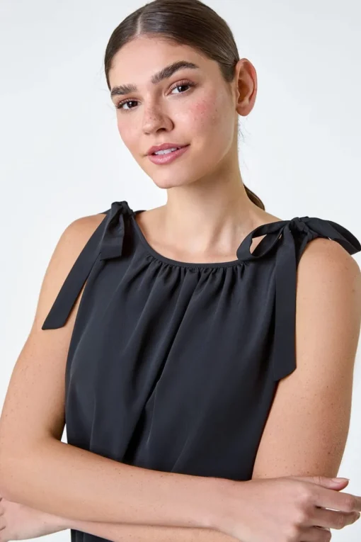 Roman Black Bow Detail Shirred Hem Top