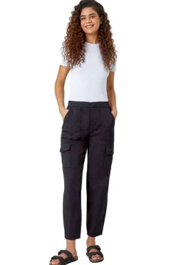 Roman Black Casual Elastic Waist Cargo Stretch Trousers