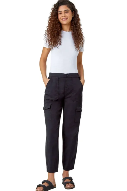 Roman Black Casual Elastic Waist Cargo Stretch Trousers