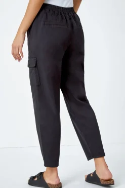 Roman Black Casual Elastic Waist Cargo Stretch Trousers