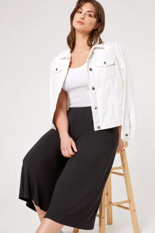 Roman Black Curve Plain Elastic Waist Culotte Trousers