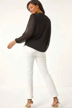 Roman Black Dobby Spot Tie Neck Mesh Top