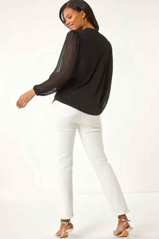 Roman Black Dobby Spot Tie Neck Mesh Top