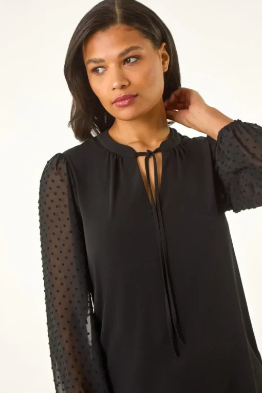 Roman Black Dobby Spot Tie Neck Mesh Top