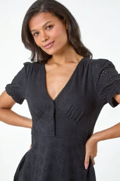 Roman Black Embroidered Cotton Stretch Jersey Frill Dress