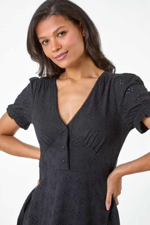 Roman Black Embroidered Cotton Stretch Jersey Frill Dress