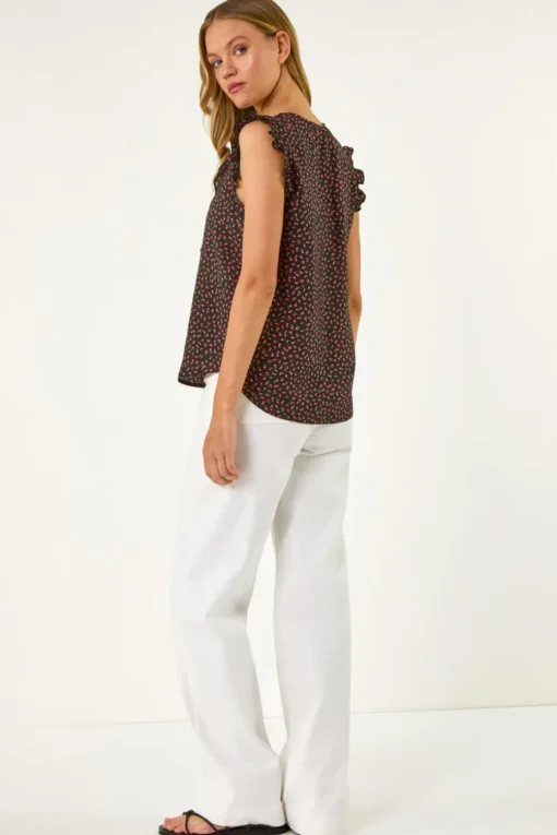 Roman Black Floral Print Ruffle Front Top
