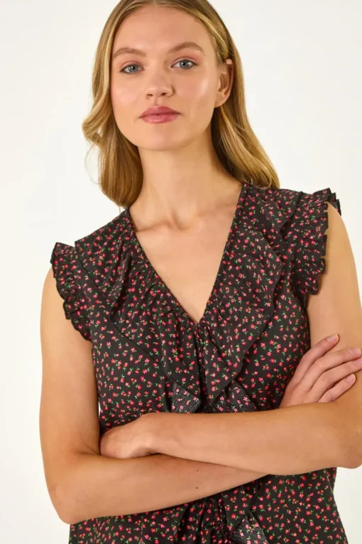Roman Black Floral Print Ruffle Front Top