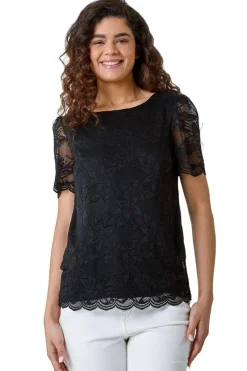 Roman Black Floral Stretch Lace Top