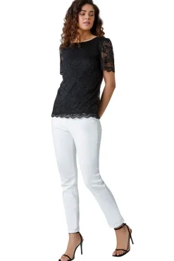 Roman Black Floral Stretch Lace Top
