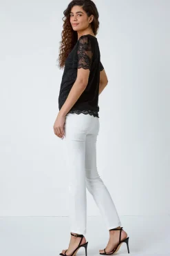 Roman Black Floral Stretch Lace Top
