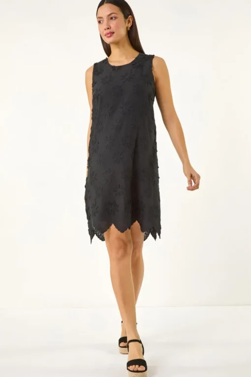 Roman Black Flower Embroidered Shift Dress