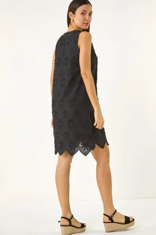Roman Black Flower Embroidered Shift Dress