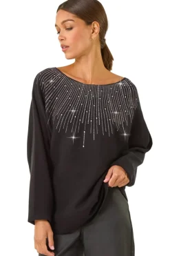 Roman Black Hotfix Embellished Neck Knit Jumper