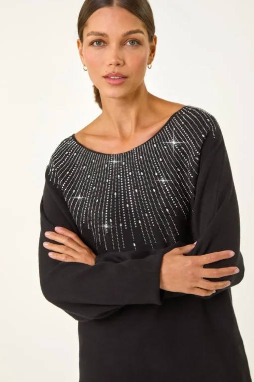 Roman Black Hotfix Embellished Neck Knit Jumper