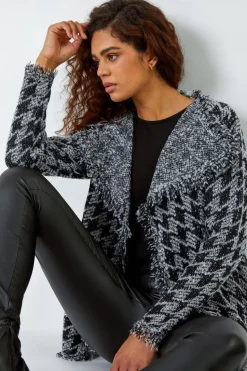 Roman Black Houndstooth Fringed Cardigan