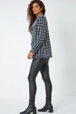 Roman Black Houndstooth Fringed Cardigan